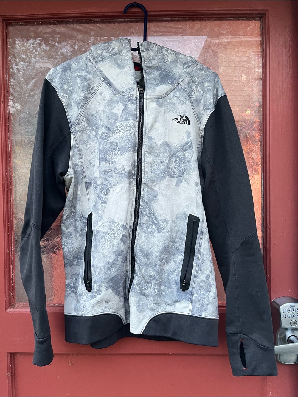The North Face Gray Marble-Print Softshell Jacket with Black Sleeves